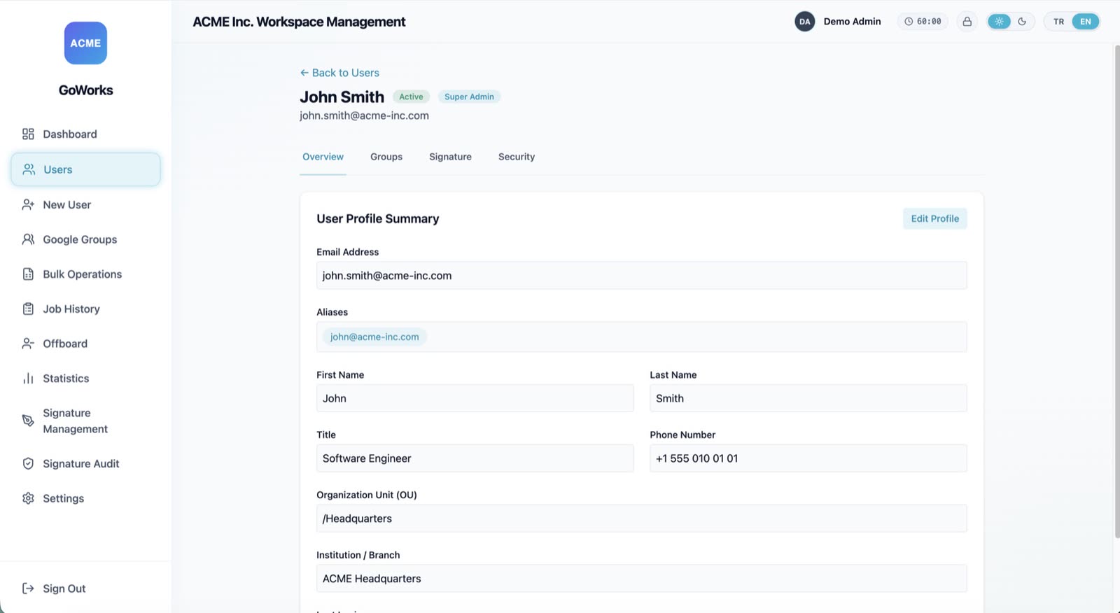 User detail showing profile, aliases, org unit and last login